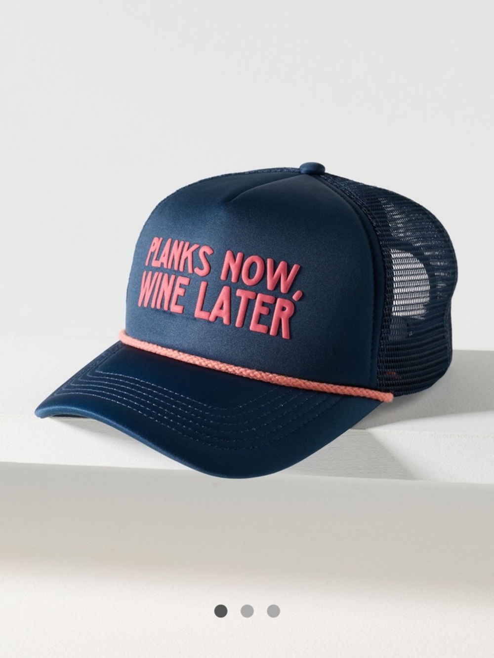 Anthropologie Navy Trucker Hat with Pink Lettering